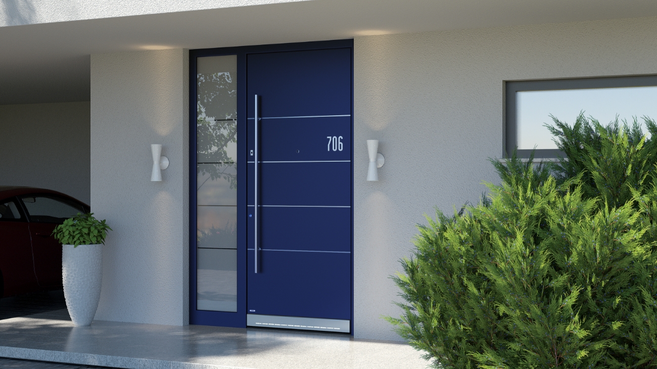 Front door in dark blue colour