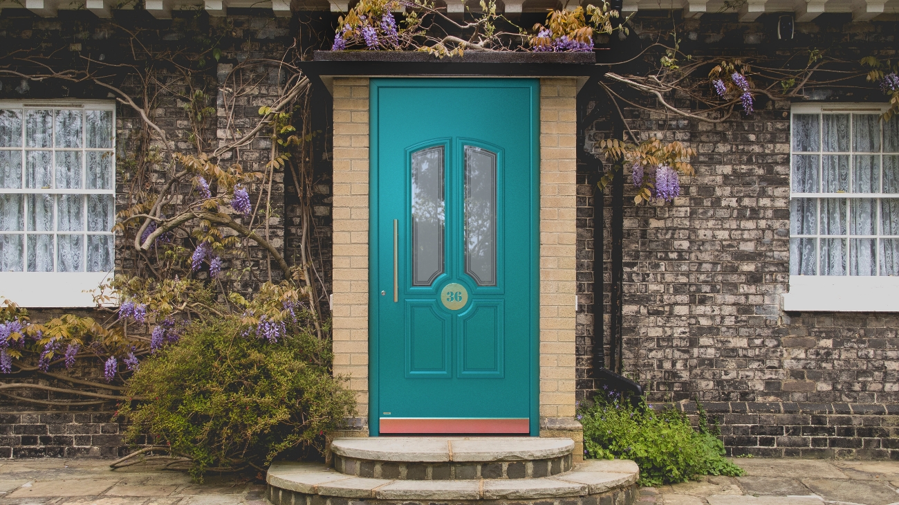 Composite front doors in turquoise colour