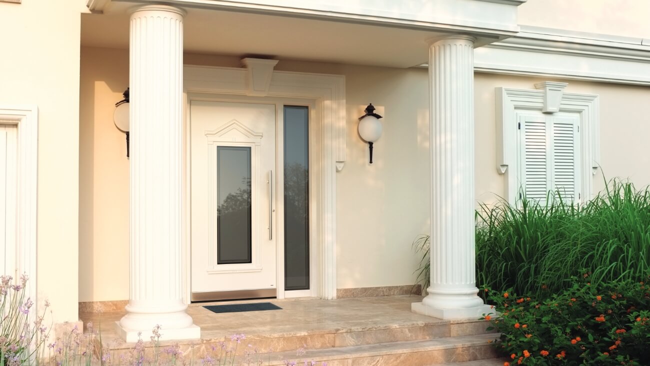 White front door with bright pastel shades