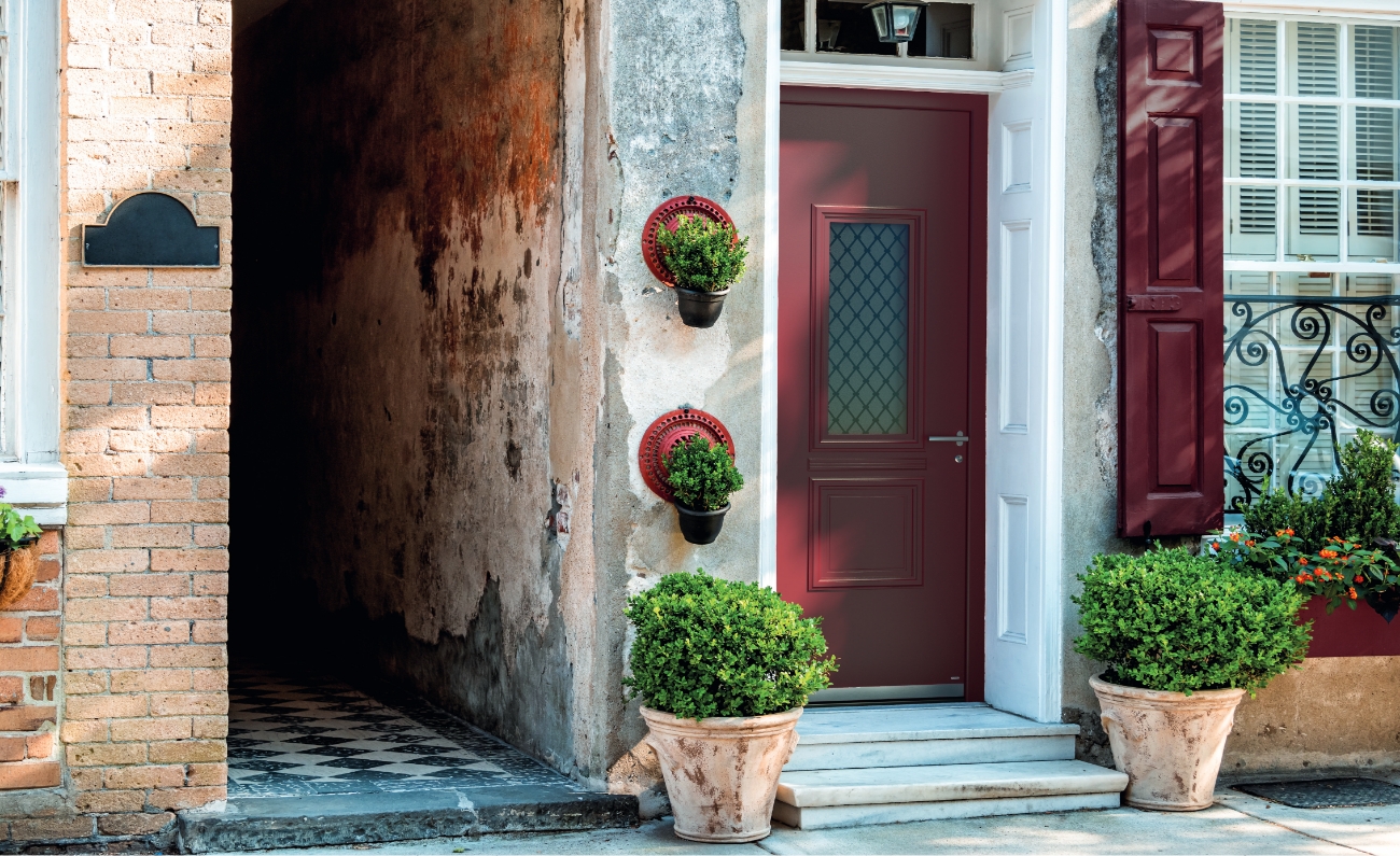 Wooden cottage colorful entrances